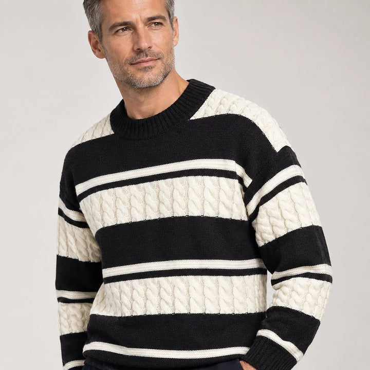 Byrne Cable-Knit Crewneck Sweater — 1175 Black (apparel detail)