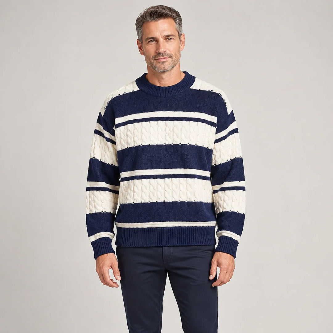 Byrne Cable-Knit Crewneck Sweater — 1175 Navy Blue (apparel front)