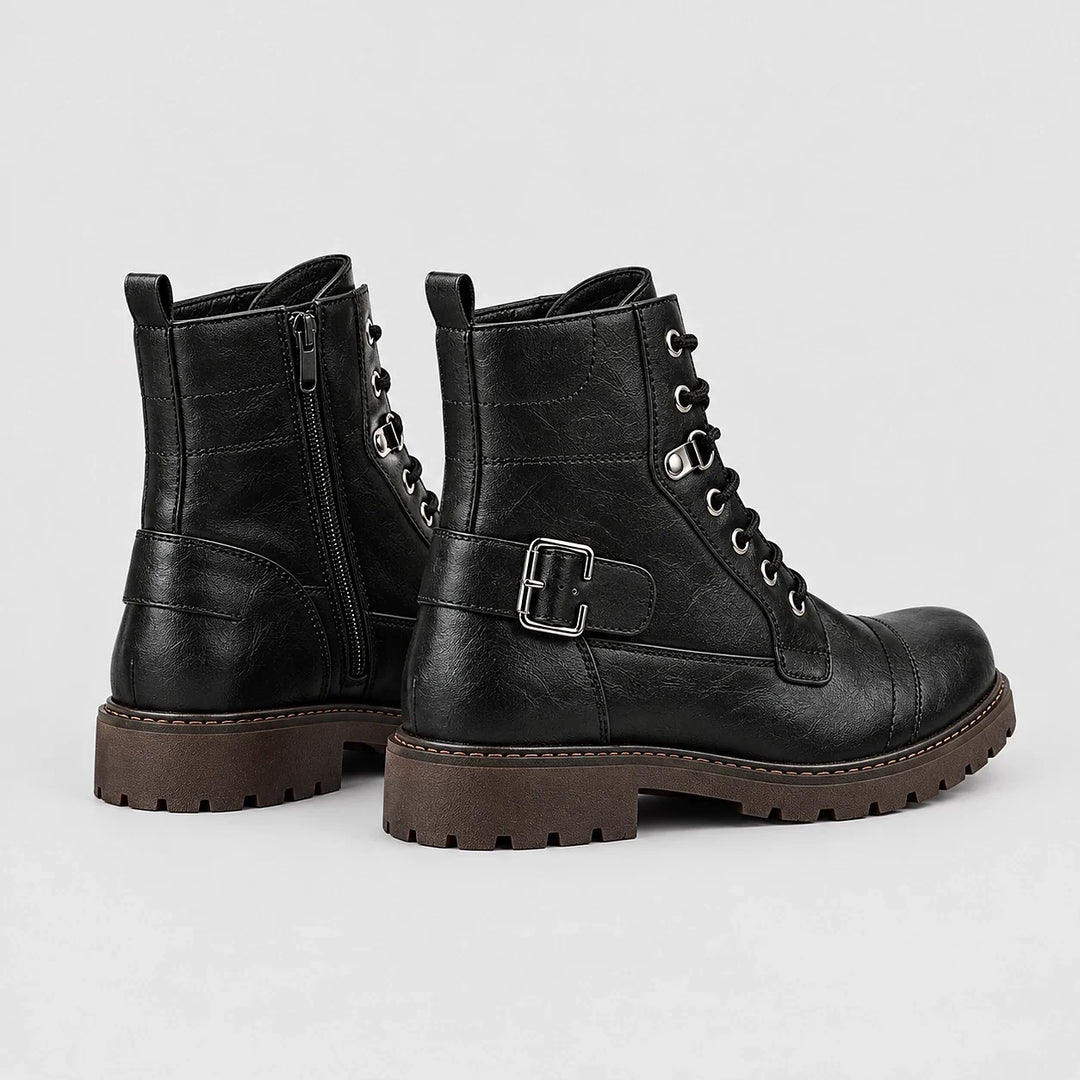 Dalworth Leather Combat Boots — 688 Black Models (mens shoe angle)