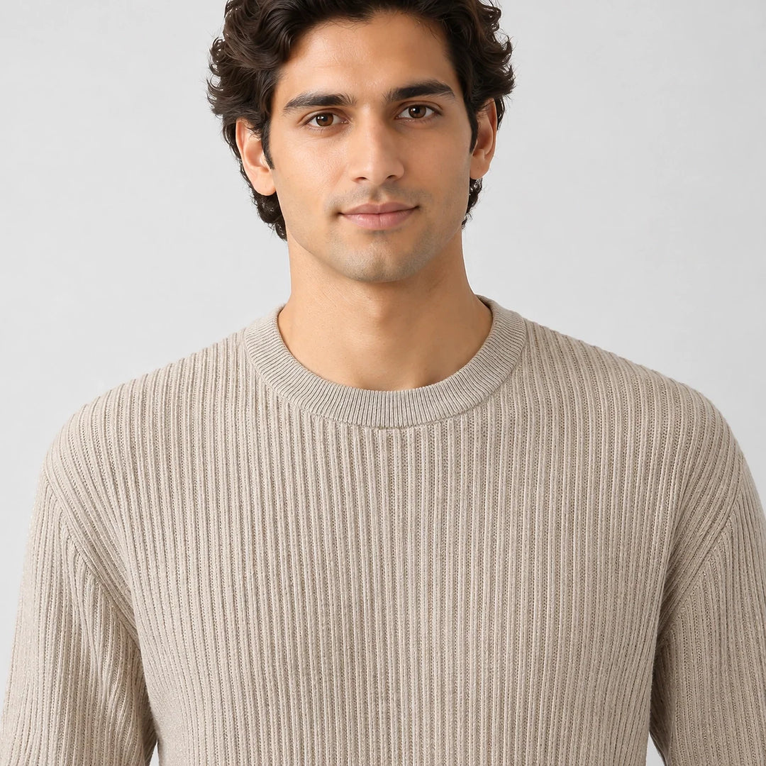 Harlen Ribbed Crewneck Sweater — Beige (apparel detail)