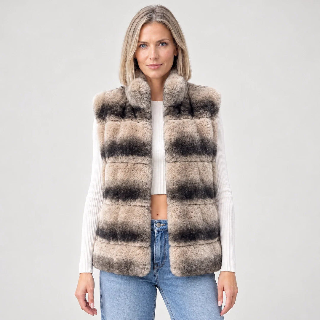 Belara Striped Faux Fur Vest — Beige & Black Stripe (apparel front)