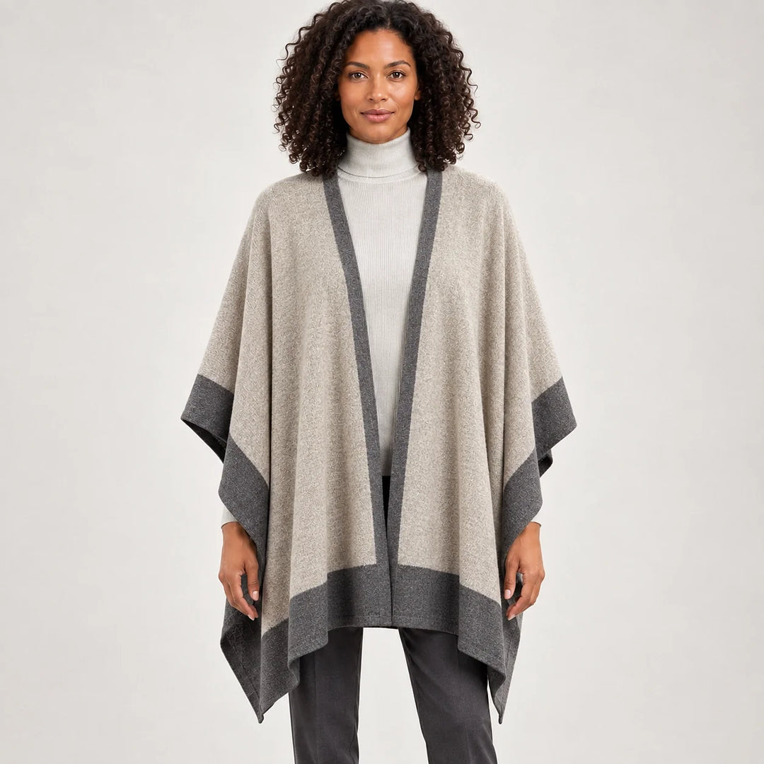 Halvera Merino Wool Poncho — Beige & Charcoal (apparel detail)