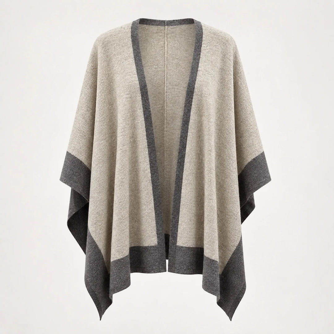 Halvera Merino Wool Poncho — Beige & Charcoal (apparel solo)