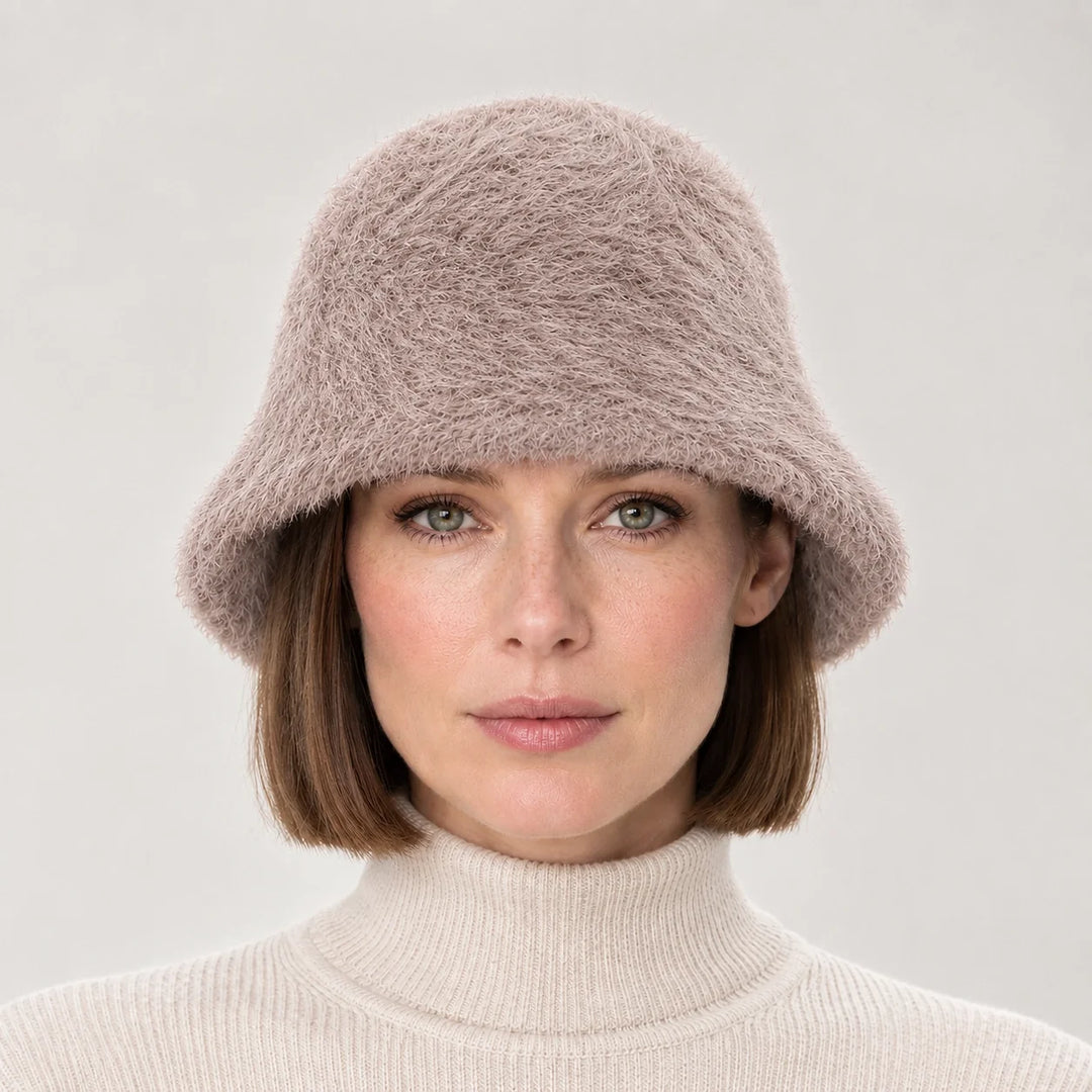 Beloria Rabbit Fur Bucket Hat — Beige (headwear model front)