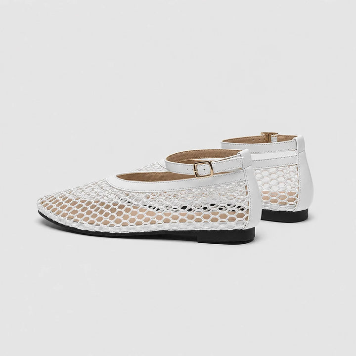 Calla Mesh Ankle Strap Flats — Beige Mesh (studio solo alt)