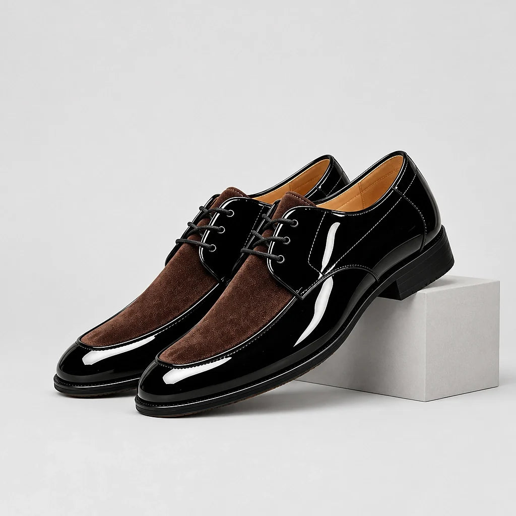 Halvord Leather Derby Oxfords — Black And Brown (mens shoe pedestal)