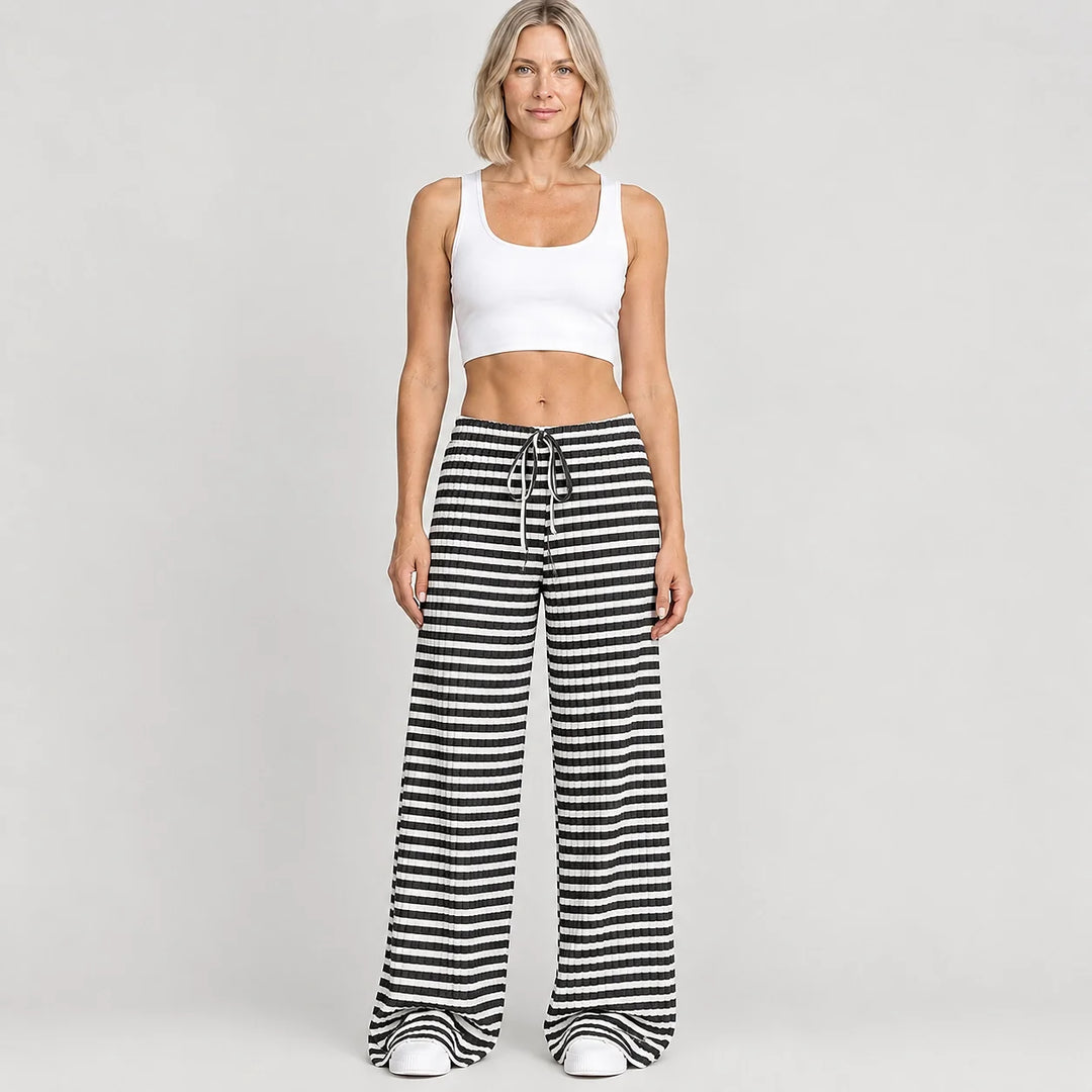Delwyn Ribbed Drawstring Pants — Black And White Stripes (apparel front)