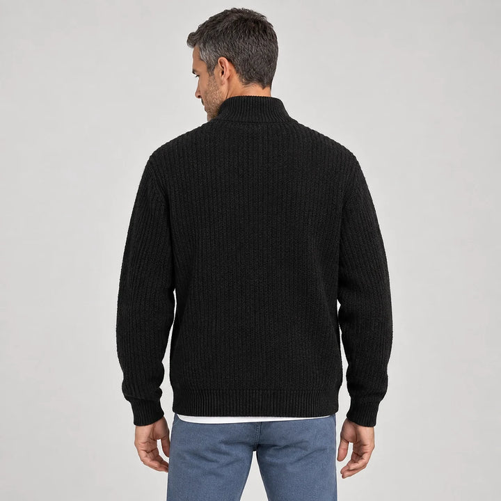 Daxton Ribbed Knit Cardigan — Black (apparel back)