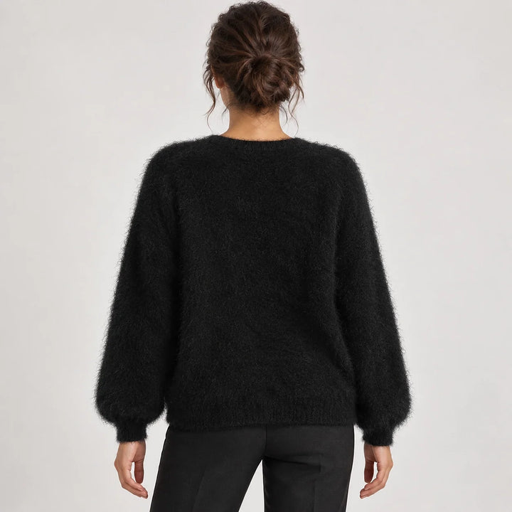 Halvern Fuzzy Knit Cardigan — Black (apparel back)