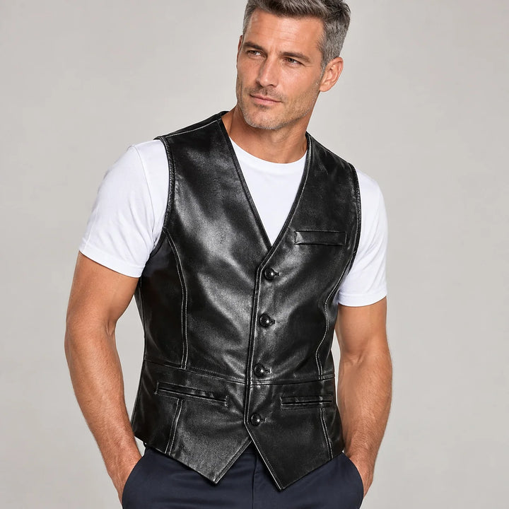 Darro Leather Vest — Black (apparel detail)
