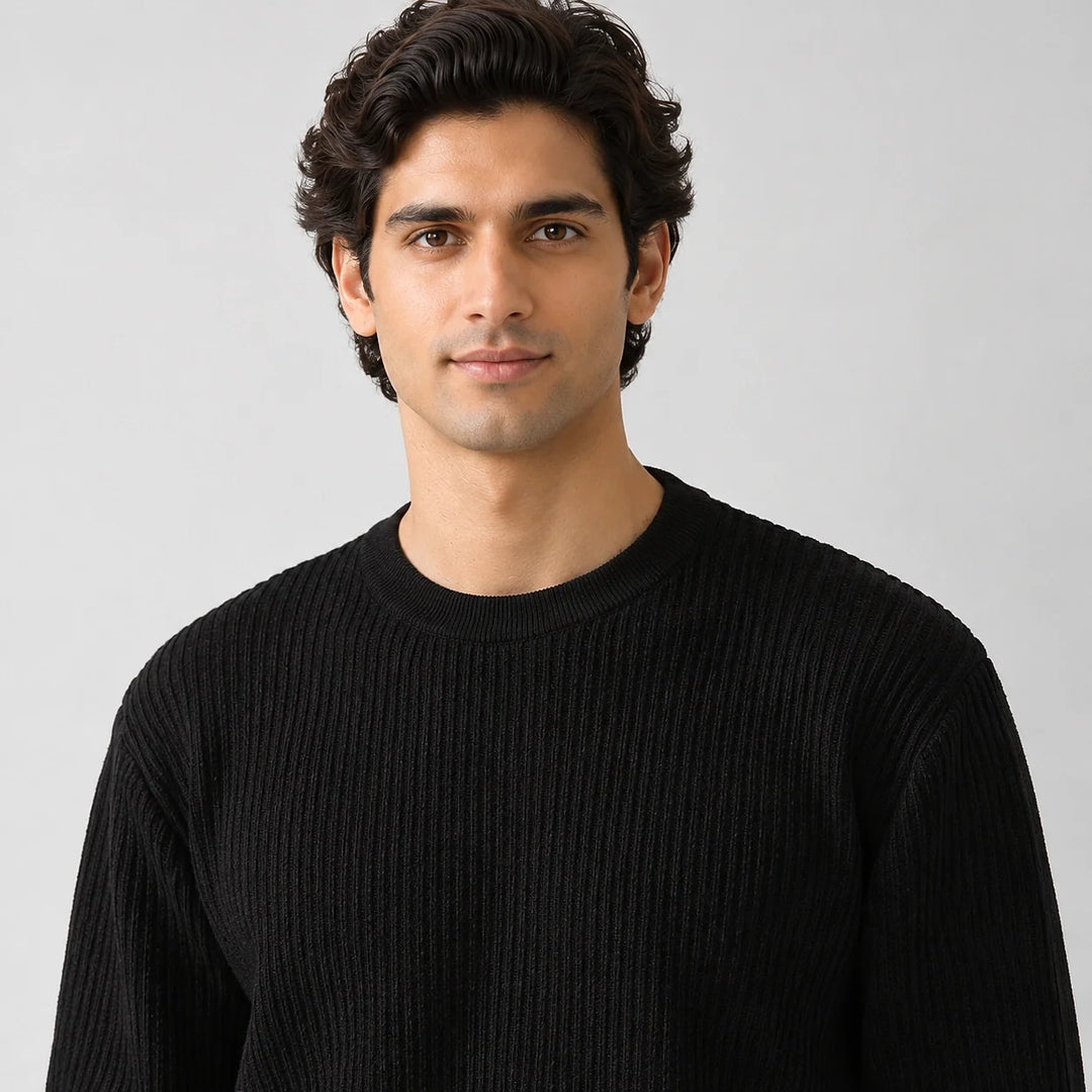 Harlen Ribbed Crewneck Sweater — Black (apparel detail)