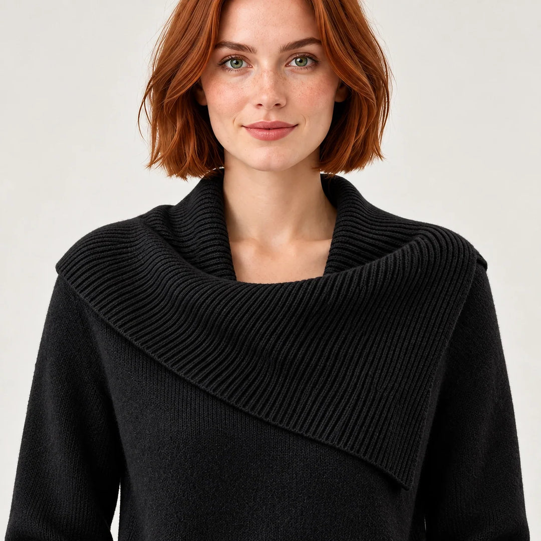 Dorevessa Scarf Collar Sweater — Black (apparel detail)