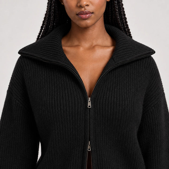 Pelara Ribbed Knit Cardigan — Black (apparel detail)