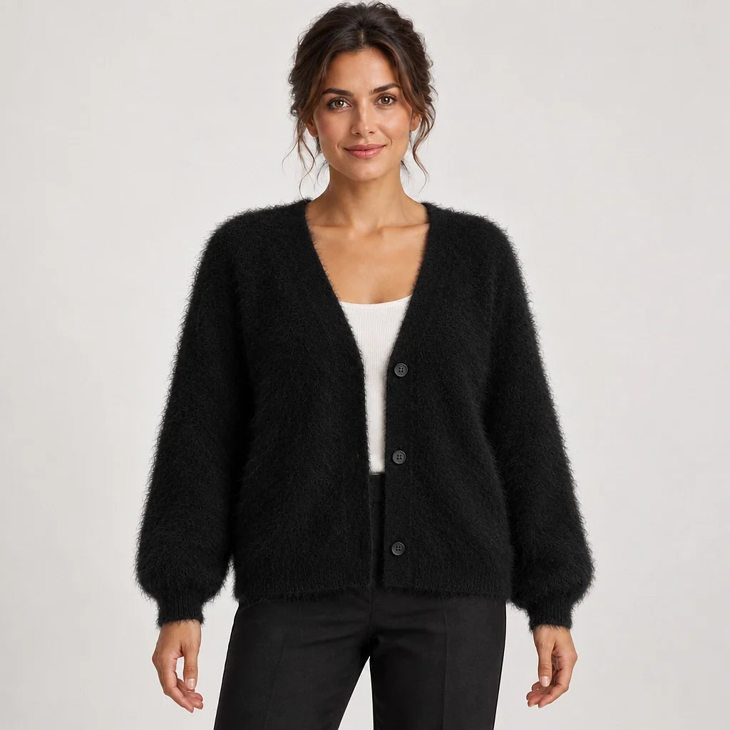 Halvern Fuzzy Knit Cardigan — Black (apparel front)