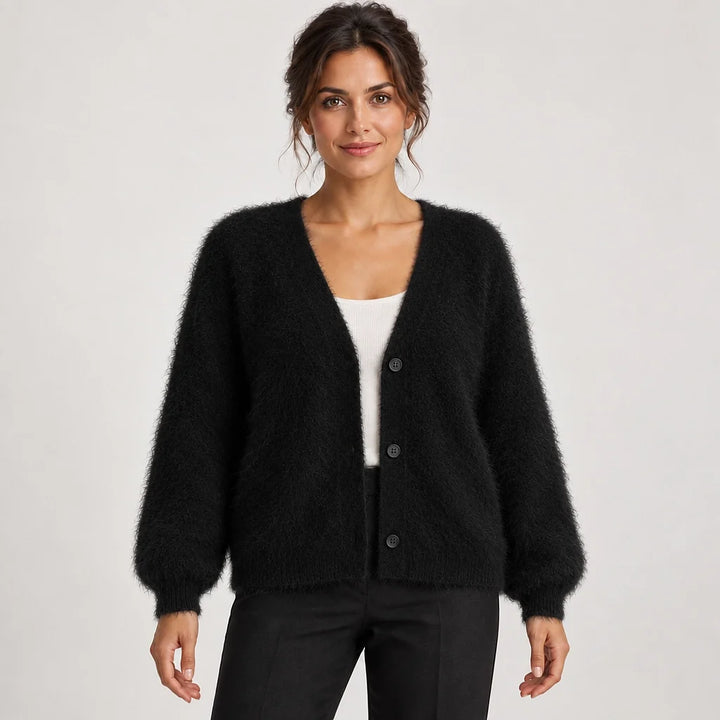 Halvern Fuzzy Knit Cardigan — Black (apparel front)