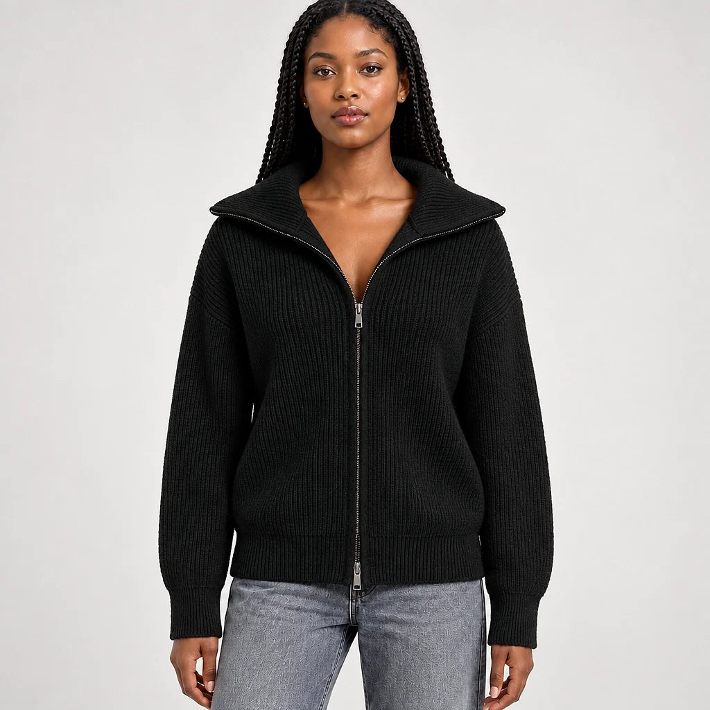 Pelara Ribbed Knit Cardigan — Black (apparel front)