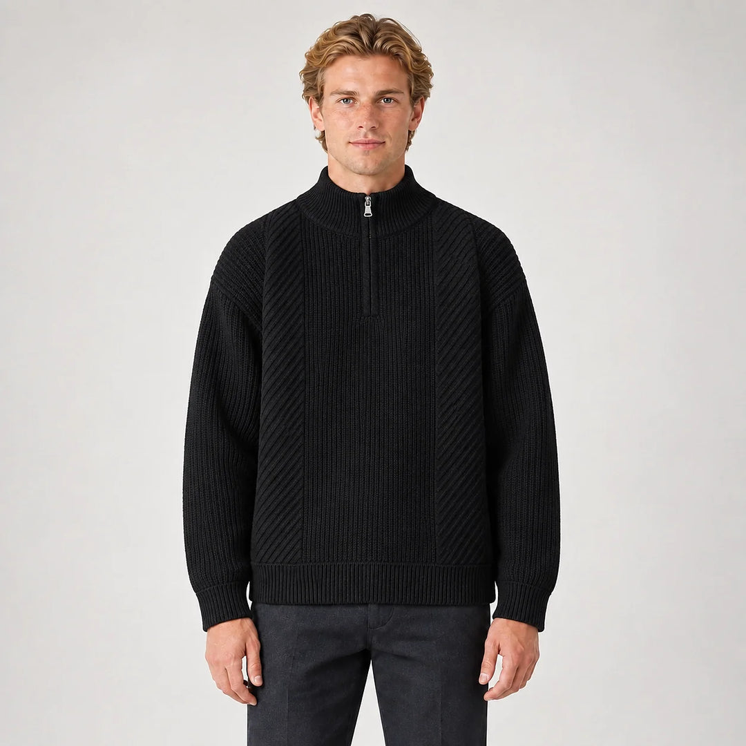 Bruthen Ribbed Half-Zip Sweater — Black (apparel front)