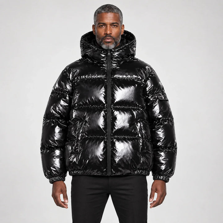 Byrne Glossy Puffer Jacket — Black (apparel front)