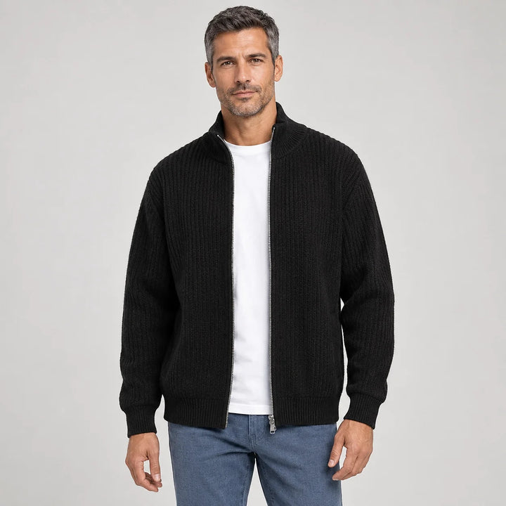 Daxton Ribbed Knit Cardigan — Black (apparel front)