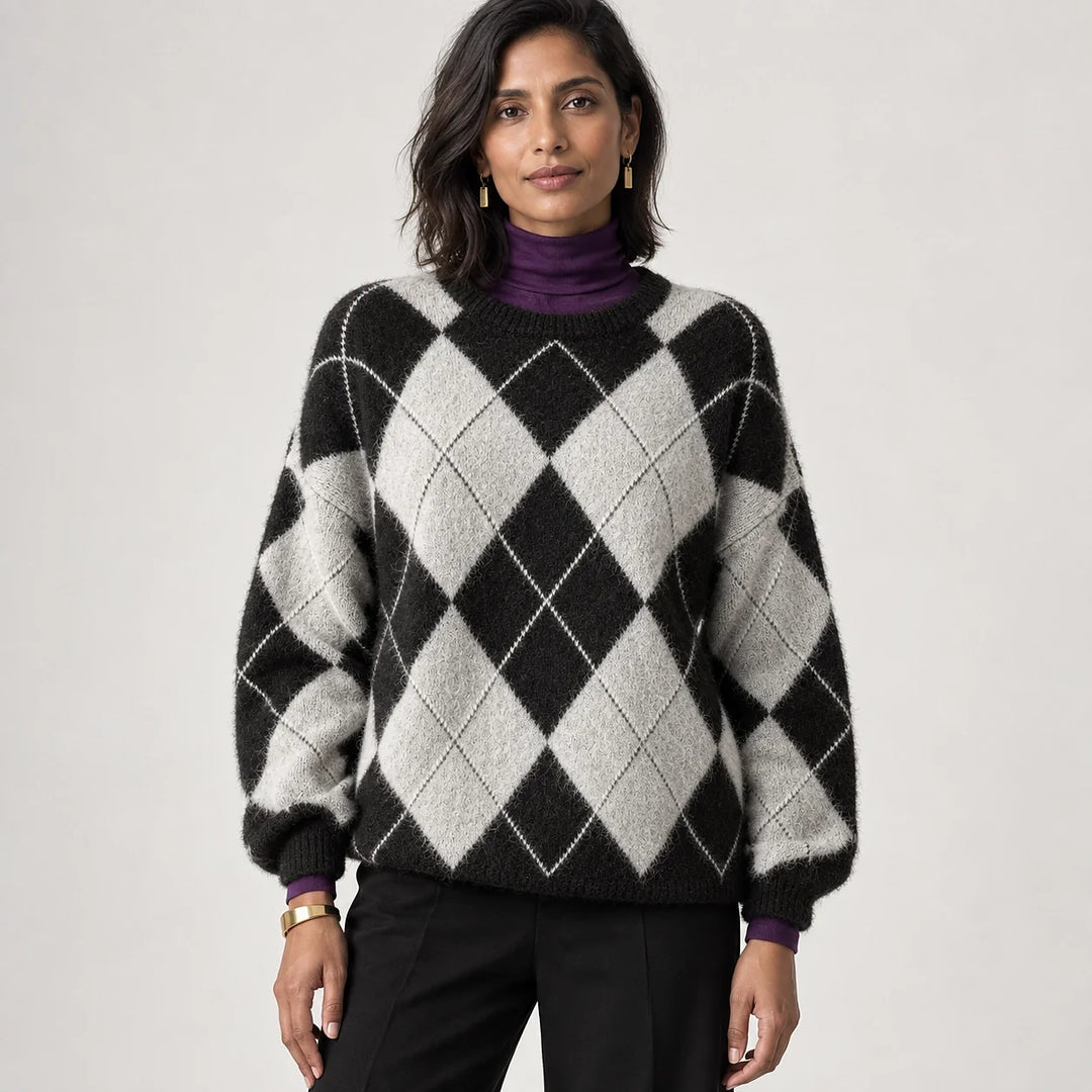 Halwyn Argyle Knit Sweater — Black (apparel front)