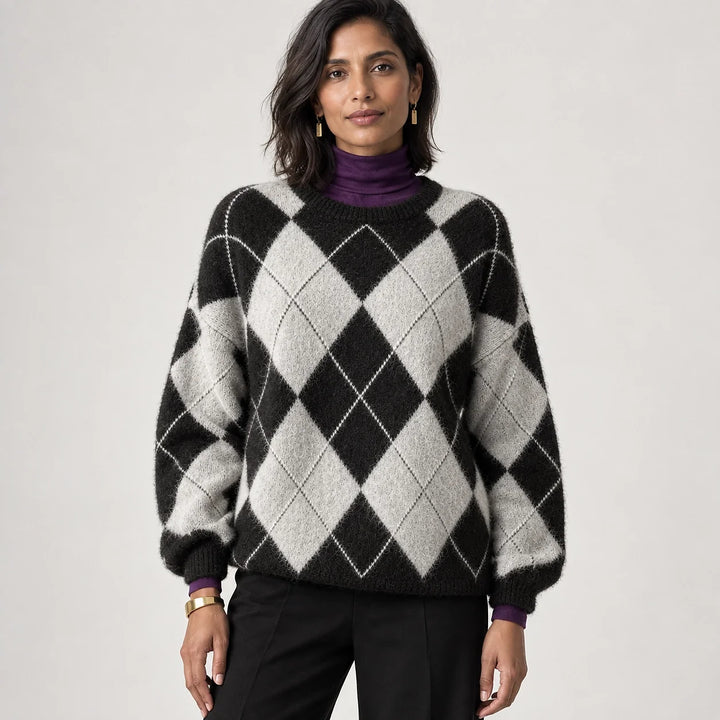 Halwyn Argyle Knit Sweater — Black (apparel front)
