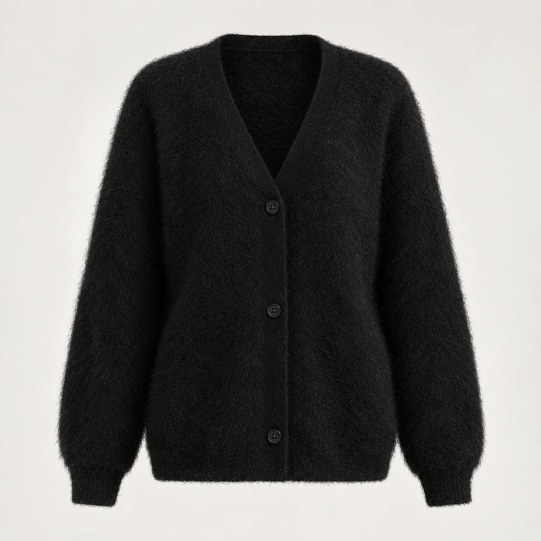 Halvern Fuzzy Knit Cardigan — Black (apparel solo)