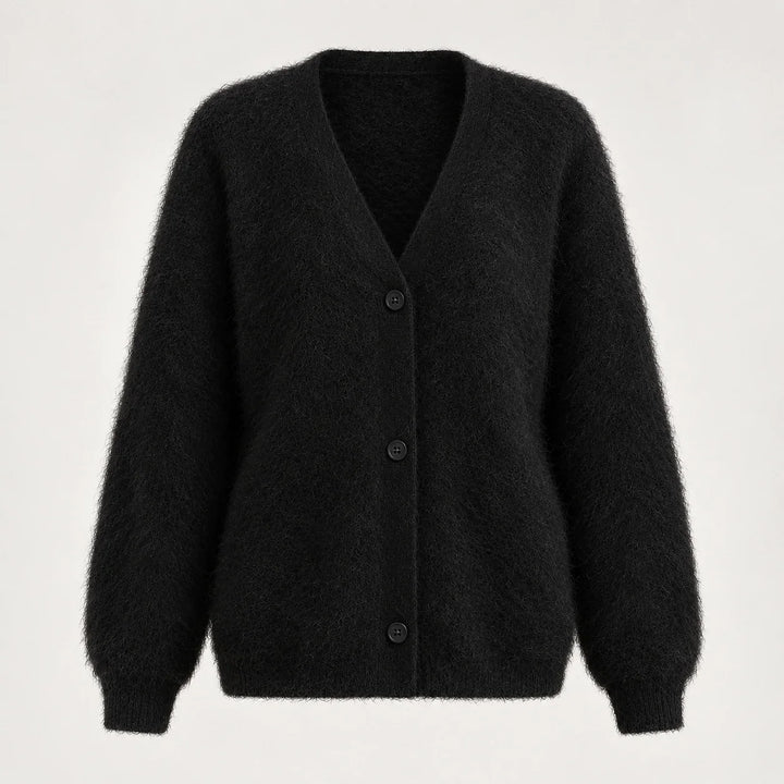 Halvern Fuzzy Knit Cardigan — Black (apparel solo)