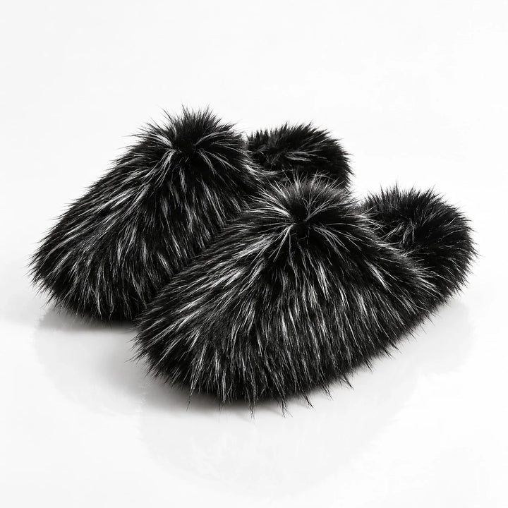 Fioravessa Plush Slippers — Black Base With White Tip (imitation Raccoon Fur) (womens shoe hero)