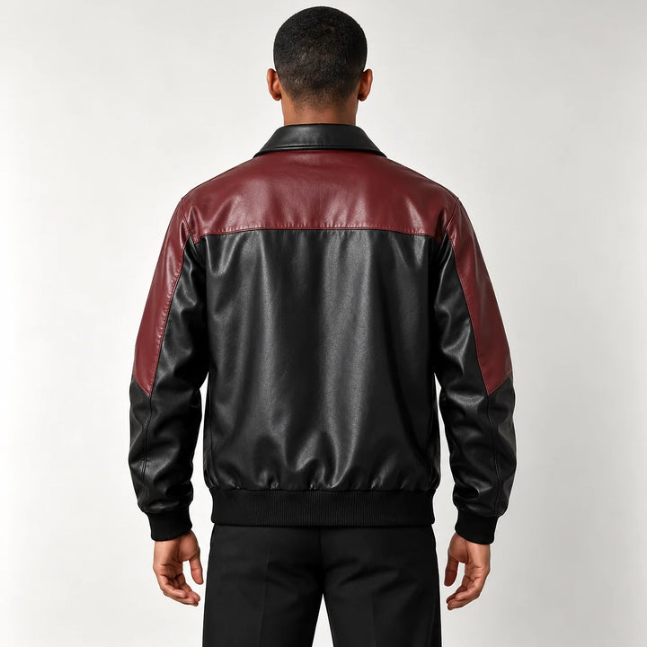 Dahven Leather Bomber Jacket — Black & Burgundy (apparel back)