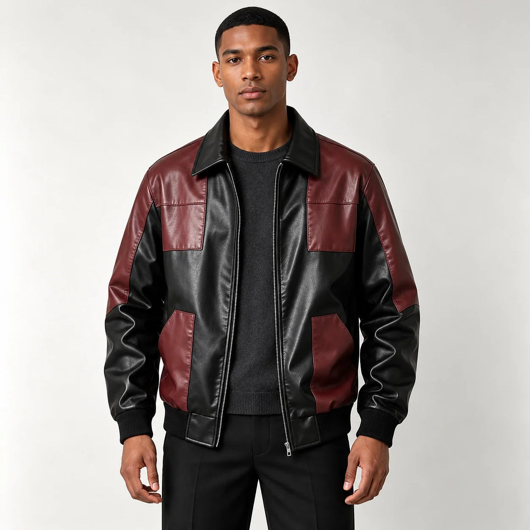 Dahven Leather Bomber Jacket — Black & Burgundy (apparel front)
