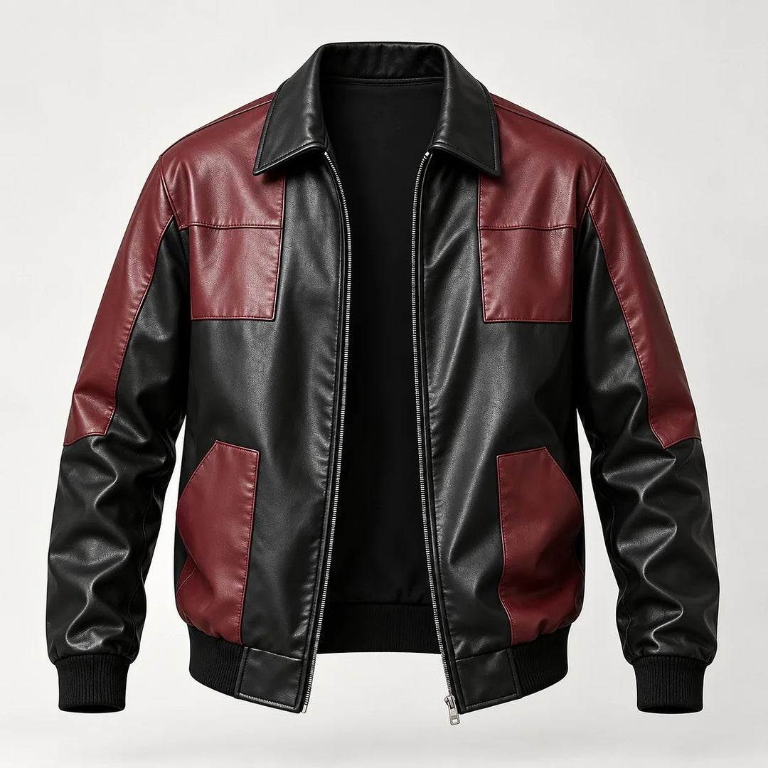Dahven Leather Bomber Jacket — Black & Burgundy (apparel solo)