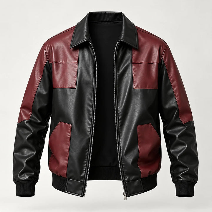 Dahven Leather Bomber Jacket — Black & Burgundy (apparel solo)