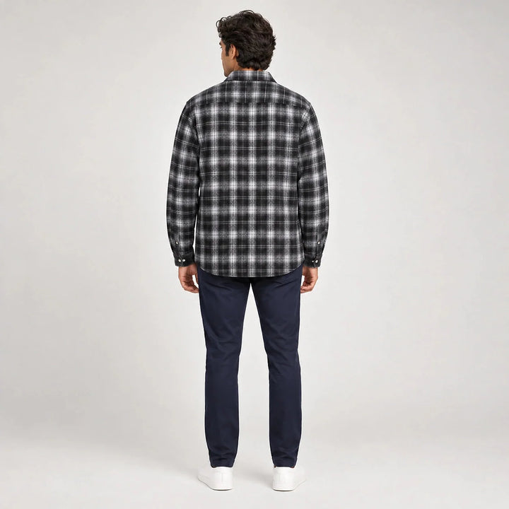 Delvano Plaid Flannel Shirt — Black Grid (apparel back)