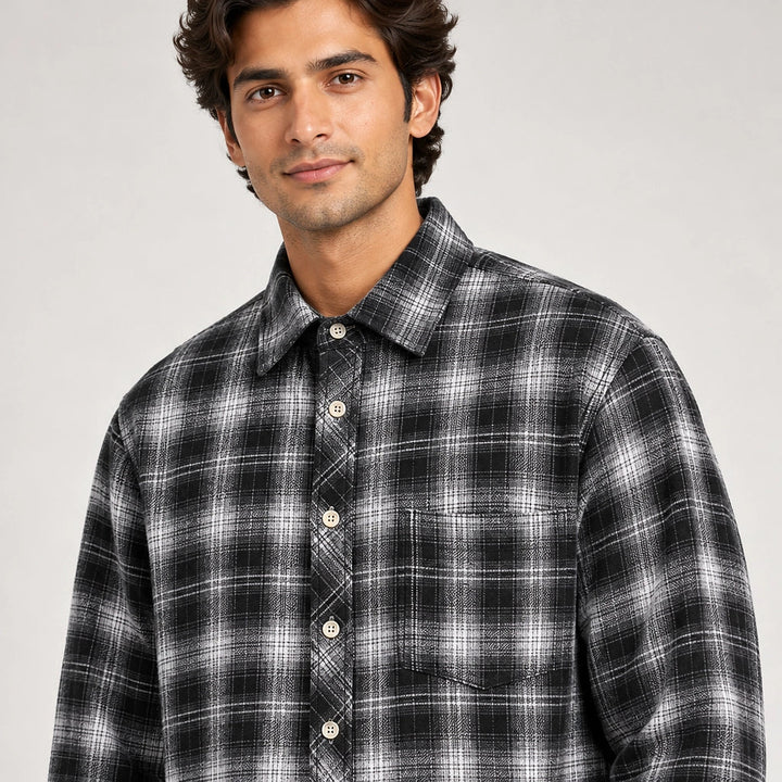 Delvano Plaid Flannel Shirt — Black Grid (apparel detail)