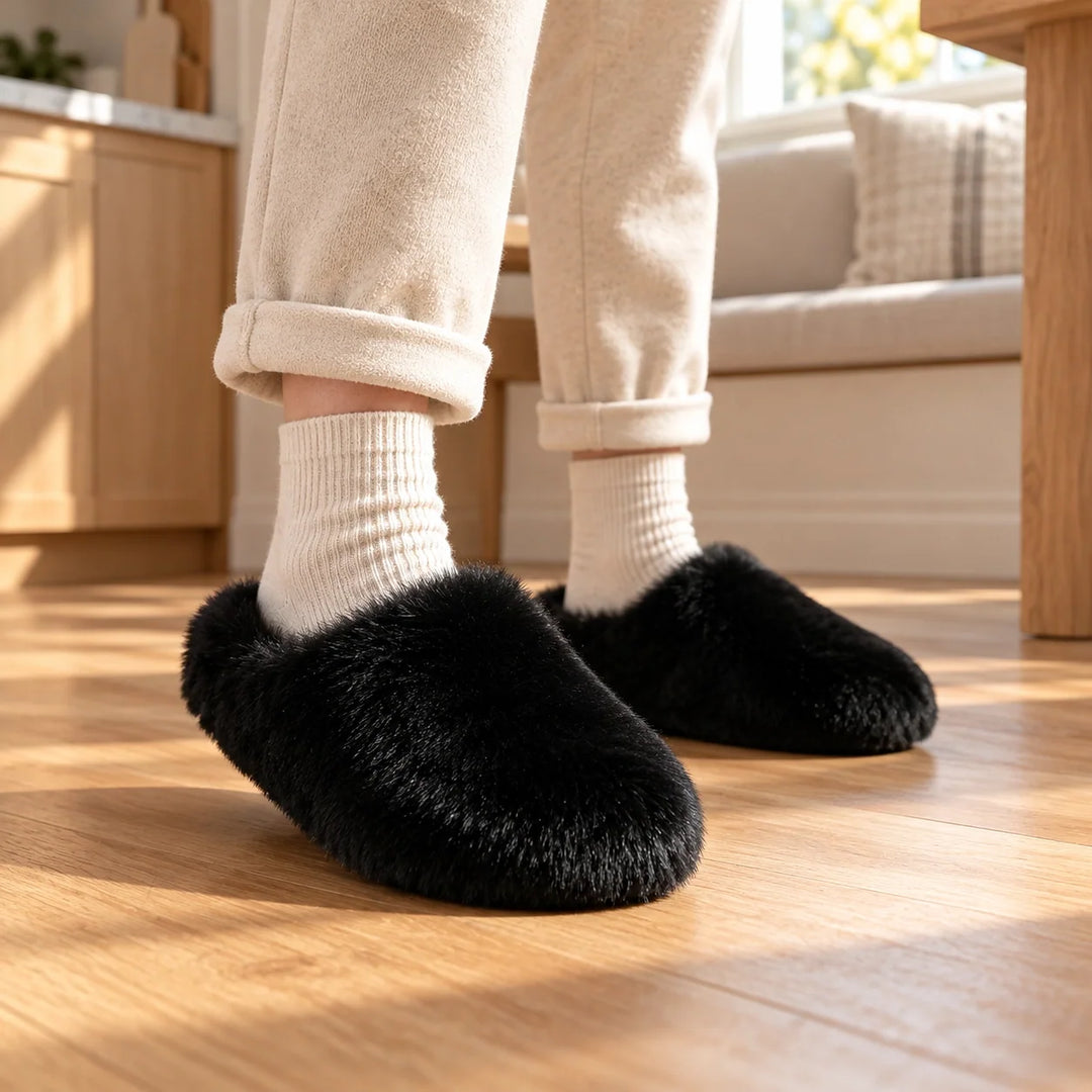 Beluro Plush Slippers — Black (imitation Fox Fur) (footwear environment 2)