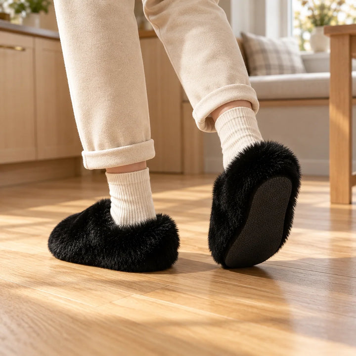 Beluro Plush Slippers — Black (imitation Fox Fur) (footwear environment 3)