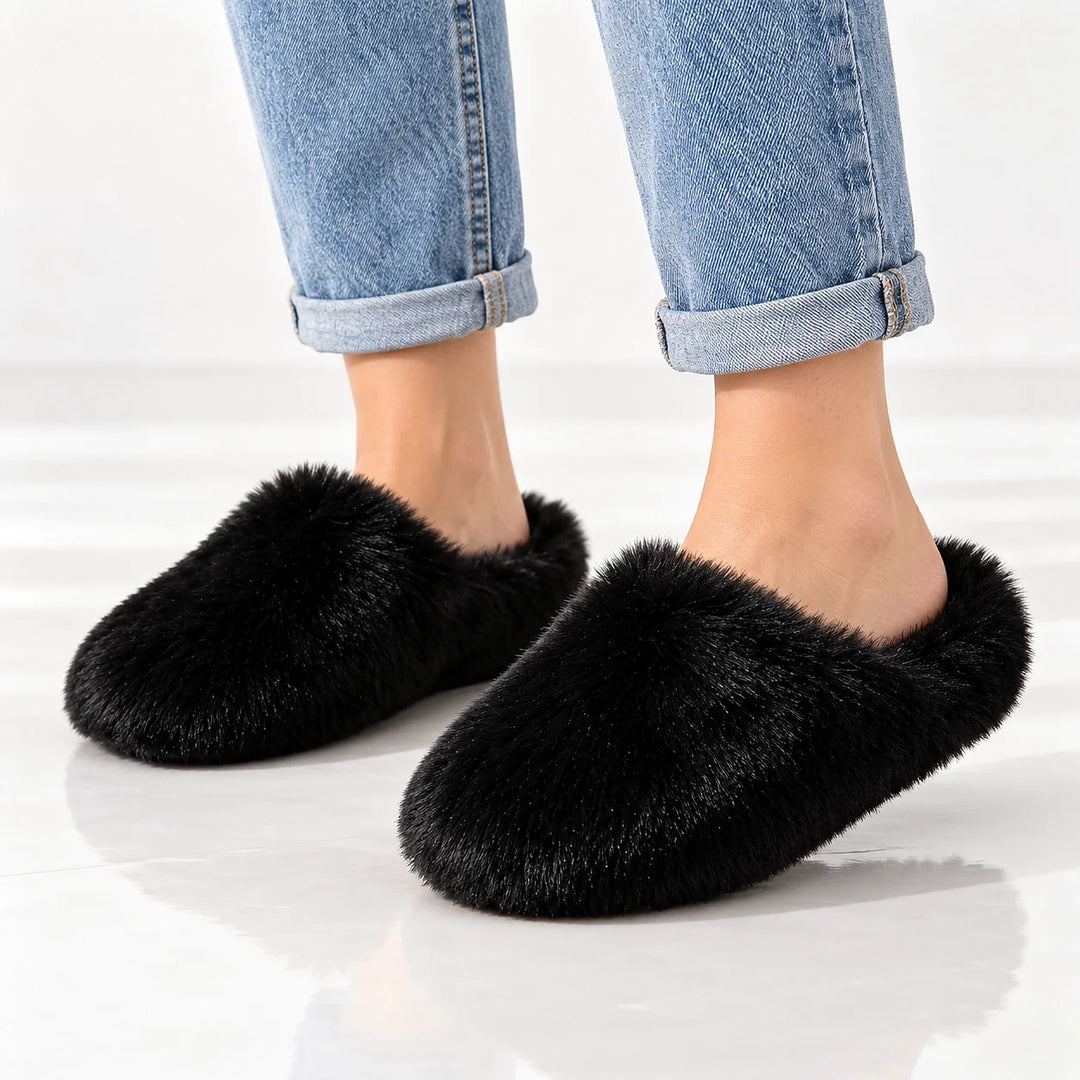 Beluro Plush Slippers — Black (imitation Fox Fur) (womens shoe worn)