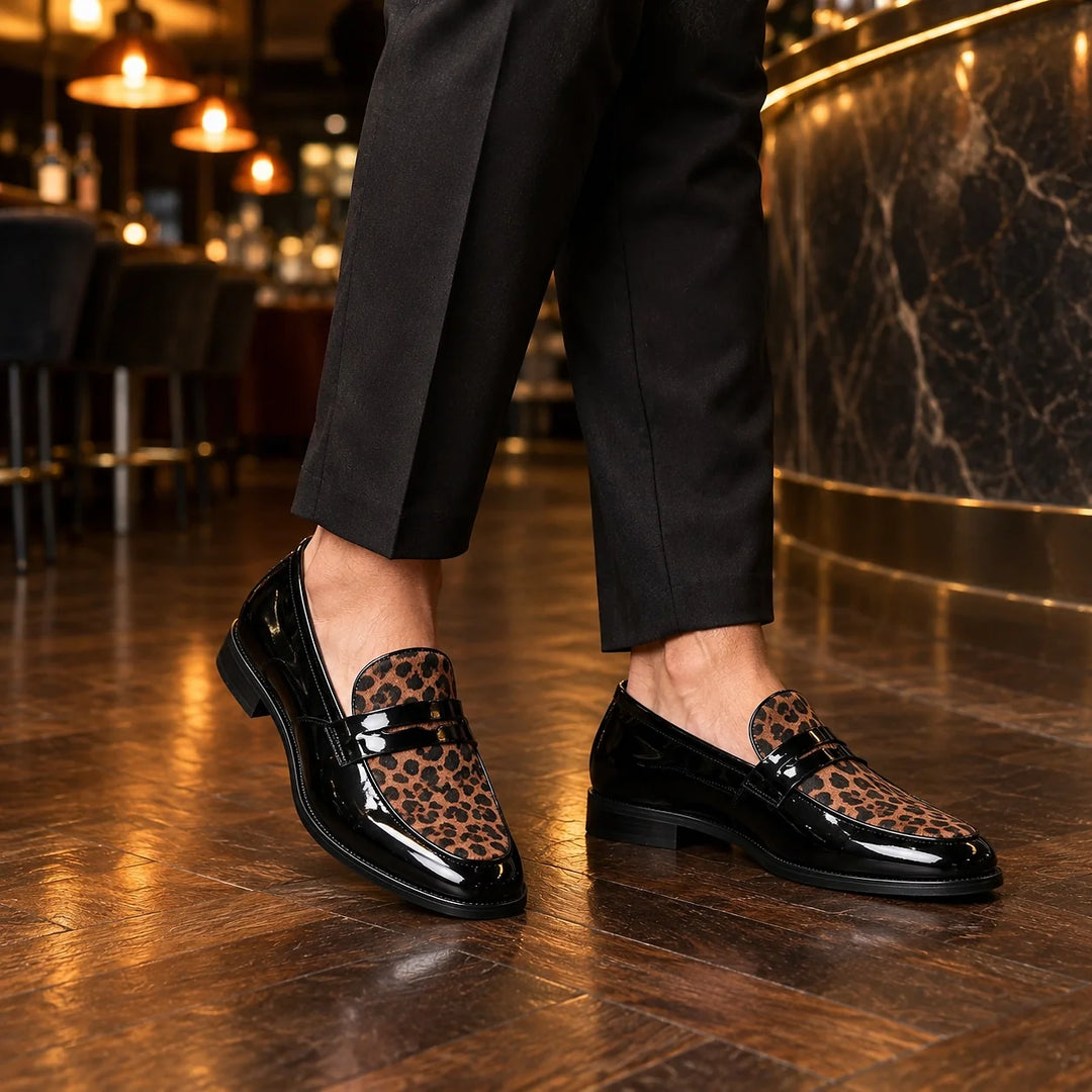 Halvorn Leopard Print Penny Loafers — Black & Leopard (footwear environment 1)