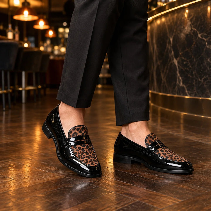 Halvorn Leopard Print Penny Loafers — Black & Leopard (footwear environment 1)
