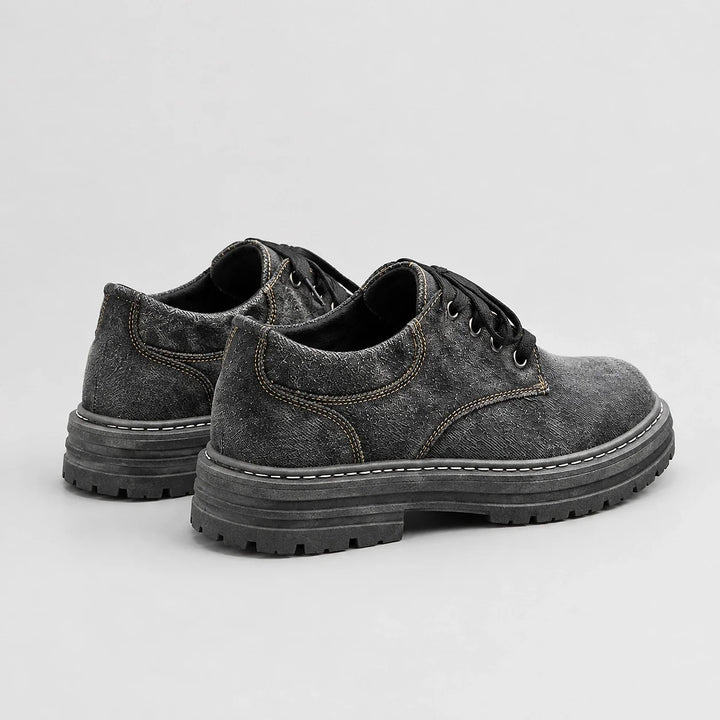 Harlow Denim Derby Shoes — Black (mens shoe angle)