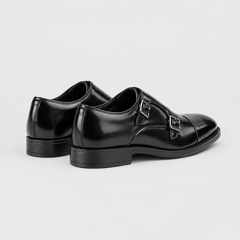 Halwick Leather Double Monk Shoes — Black (mens shoe angle)