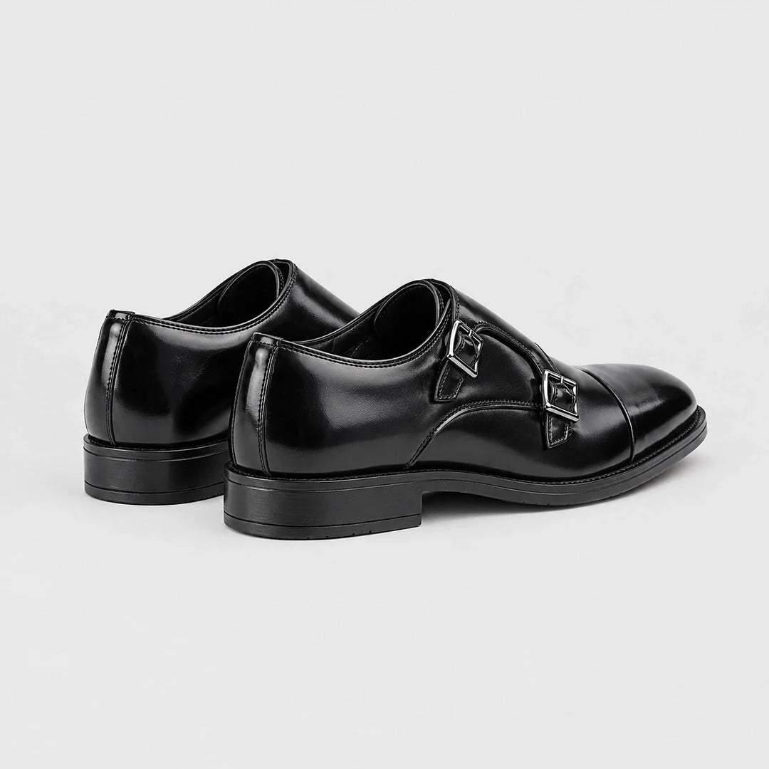 Halwick Leather Double Monk Shoes — Black (mens shoe angle)