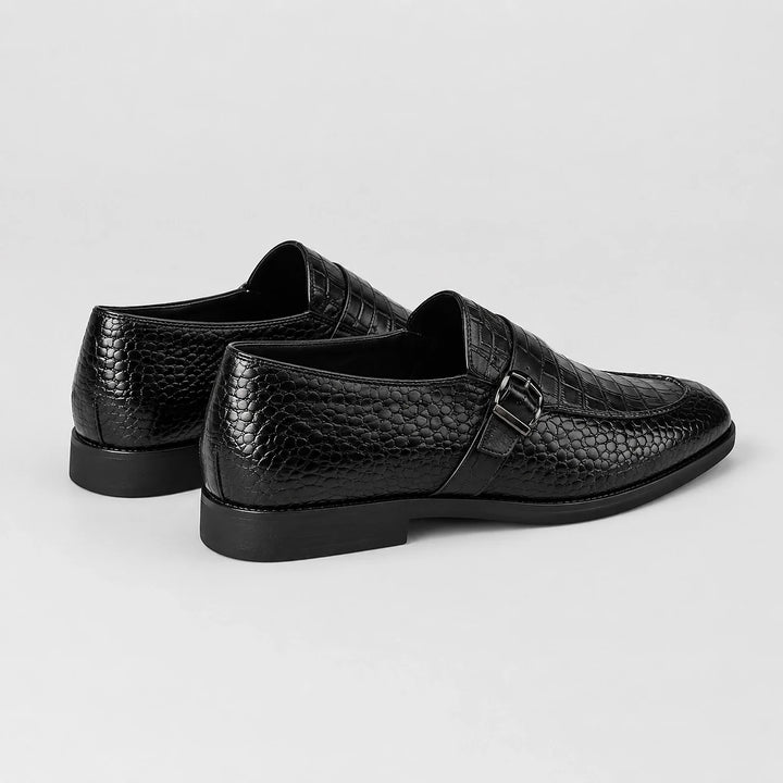 Delvoro Leather Monk Strap Loafers — Black (mens shoe angle)