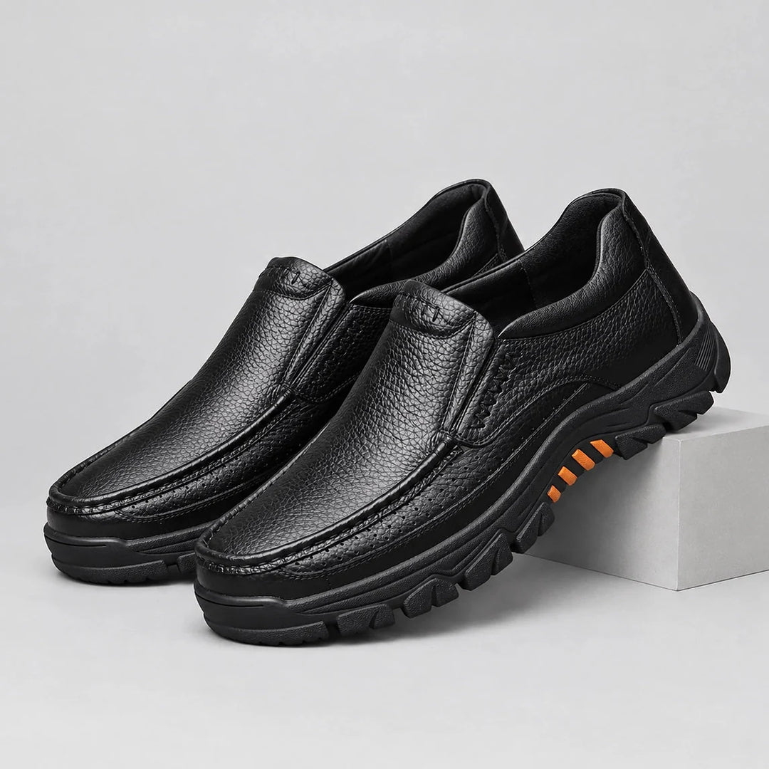 Halton Leather Slip-On Loafers — Black (mens shoe pedestal)