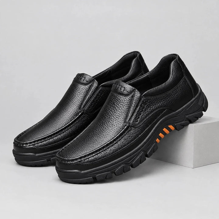 Halton Leather Slip-On Loafers — Black (mens shoe pedestal)
