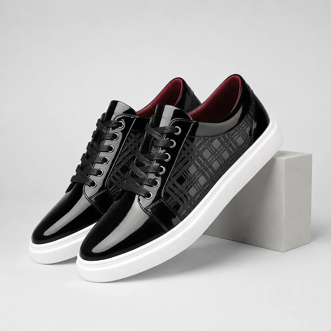Halvon Leather Lace-Up Sneakers — Black (mens shoe pedestal)