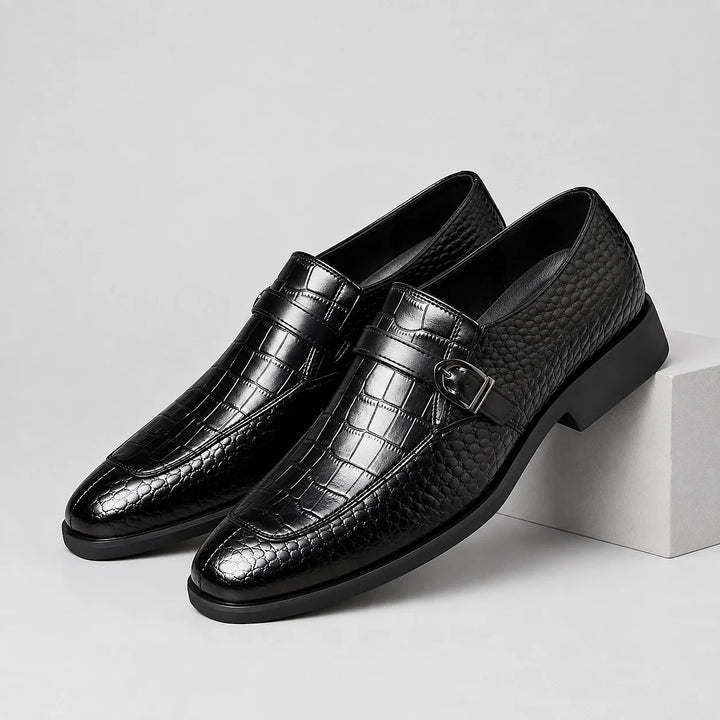 Delvoro Leather Monk Strap Loafers — Black (mens shoe pedestal)