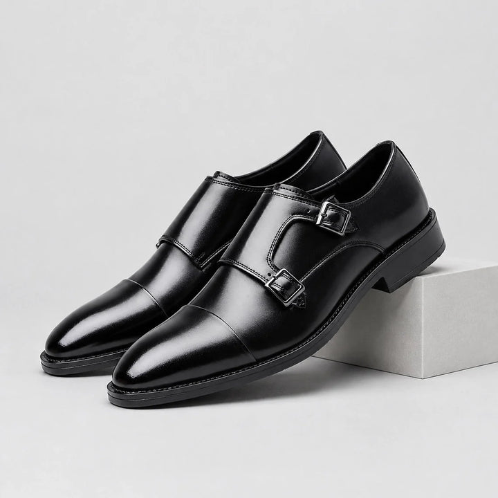Halwick Leather Double Monk Shoes — Black (mens shoe pedestal)