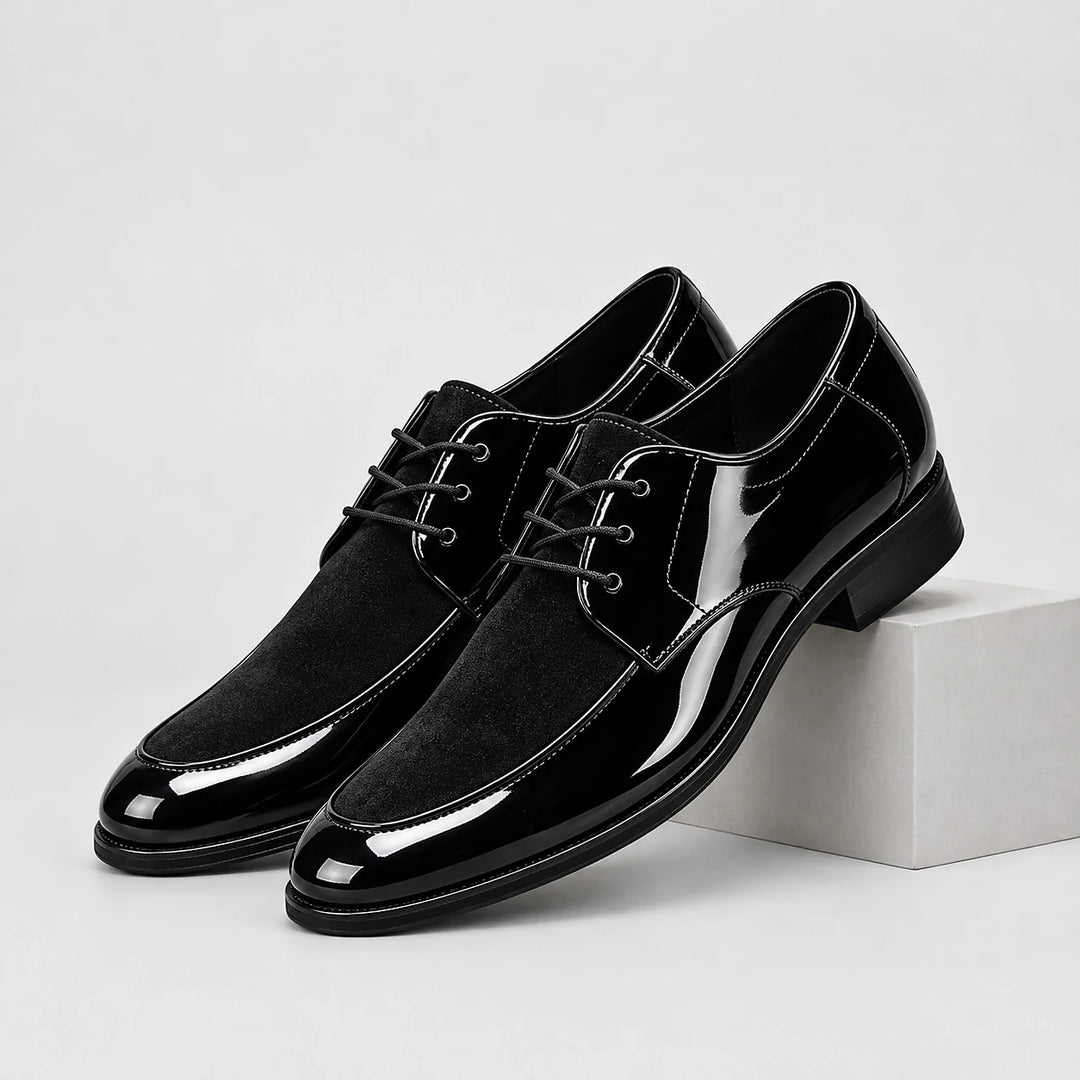 Halvord Leather Derby Oxfords — Black (mens shoe pedestal)
