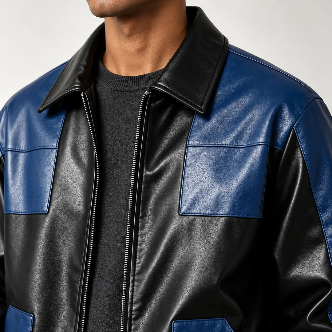 Dahven Leather Bomber Jacket — Black & Navy (apparel detail)